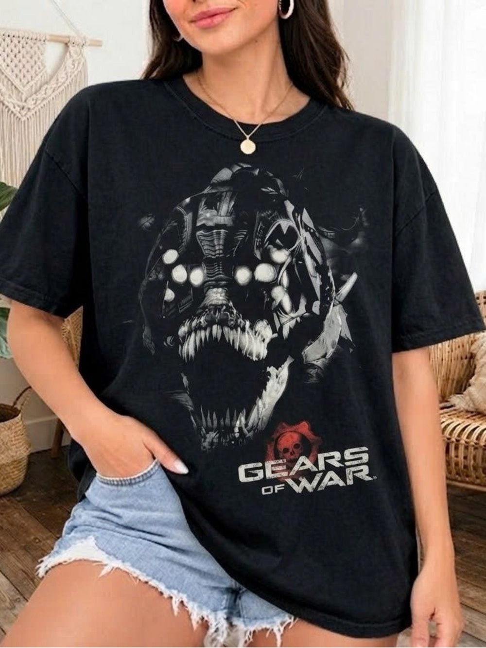 Vintage Black Tee with White and Red Gears of War Graphic